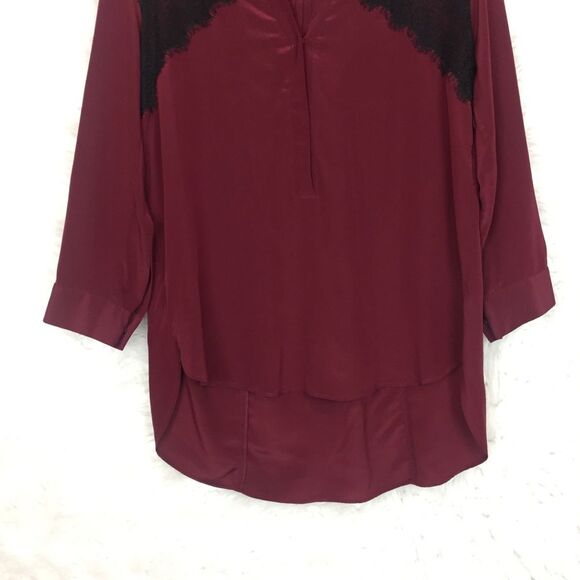 Sandro Burgundy Black Lace 100% Silk Eponyme Blouse Womens Size 8 - Picture 3 of 8